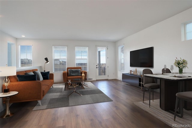 living area featuring recessed lighting, baseboards, and wood finished floors