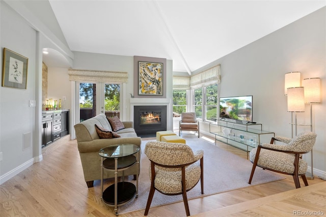 living room with high vaulted ceiling, a healthy amount of sunlight, and light hardwood / wood-style floors