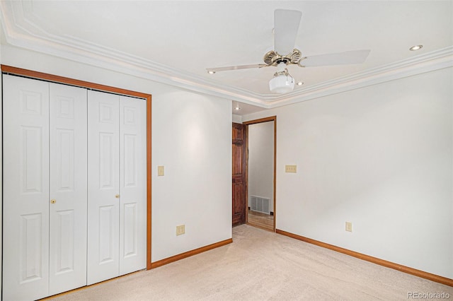 3272 S Joplin Ct, Aurora, CO 80013 - unfurnished bedroom with ornamental molding, light carpet, a closet, recessed lighting, and ceiling fan