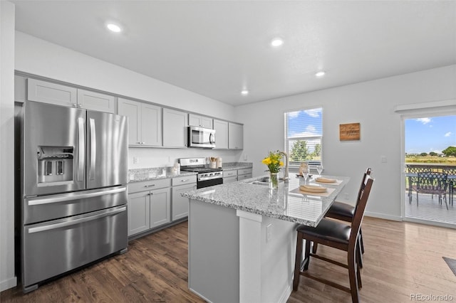 437 Thrush Pl, Johnstown, CO 80534 - kitchen with gray cabinets, stainless steel appliances, light stone counters, dark wood-style floors, and a breakfast bar area