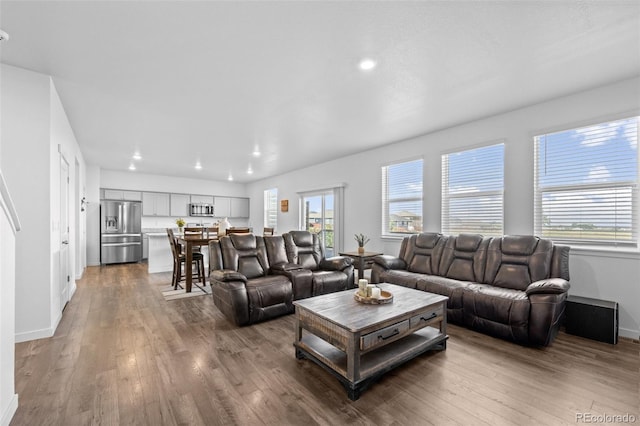 437 Thrush Pl, Johnstown, CO 80534 - living room with hardwood / wood-style floors and recessed lighting