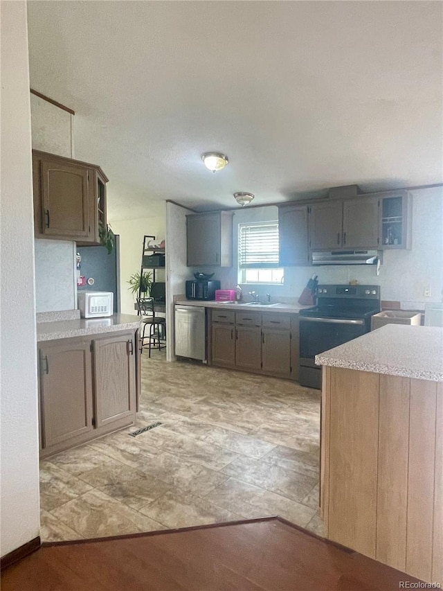 47904 Dartmouth Ave, Bennett, CO 80102 - kitchen featuring stainless steel appliances, under cabinet range hood, light countertops, and a sink