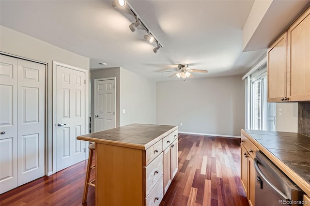 6727 S Race St, Centennial, CO 80122 - kitchen featuring tile countertops, dishwasher, ceiling fan, and dark wood-style flooring