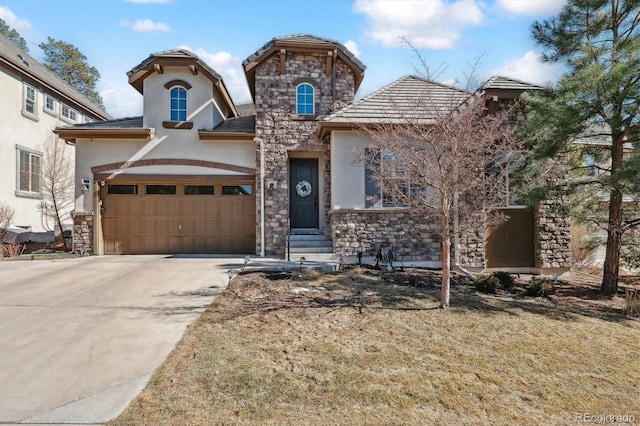 view of front of property featuring stone siding, an attached garage, driveway, and stucco siding