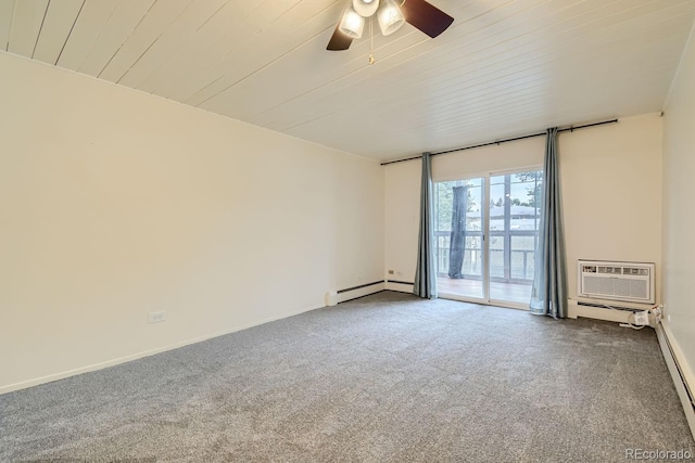 spare room with carpet, wood ceiling, a wall mounted air conditioner, and a baseboard radiator