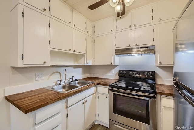 kitchen featuring ceiling fan, under cabinet range hood, stainless steel appliances, a sink, and white cabinets