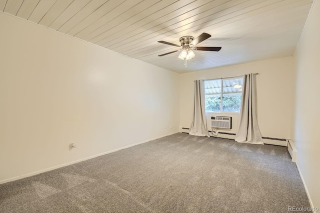 unfurnished room with a wall unit AC, dark carpet, ceiling fan, wooden ceiling, and baseboards