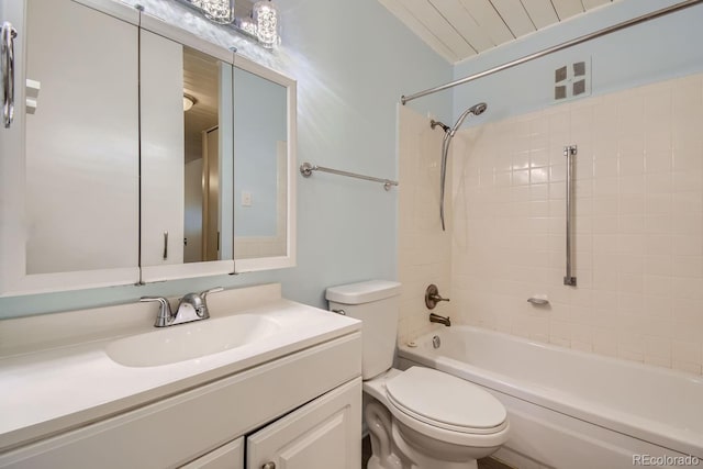 full bathroom featuring visible vents, shower / bathing tub combination, vanity, and toilet