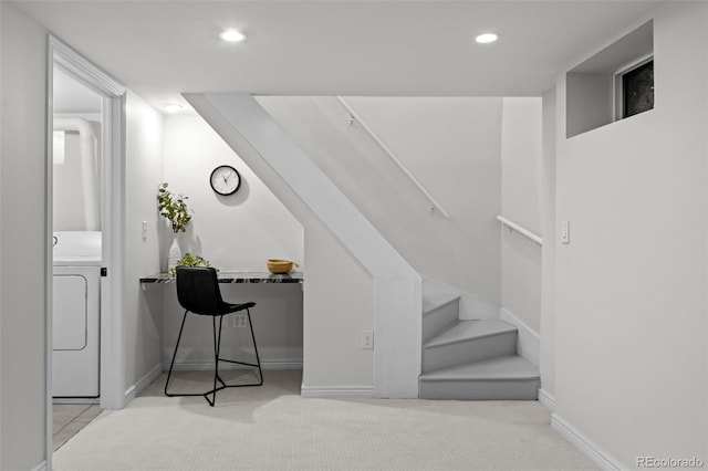 stairs with washer / dryer and carpet