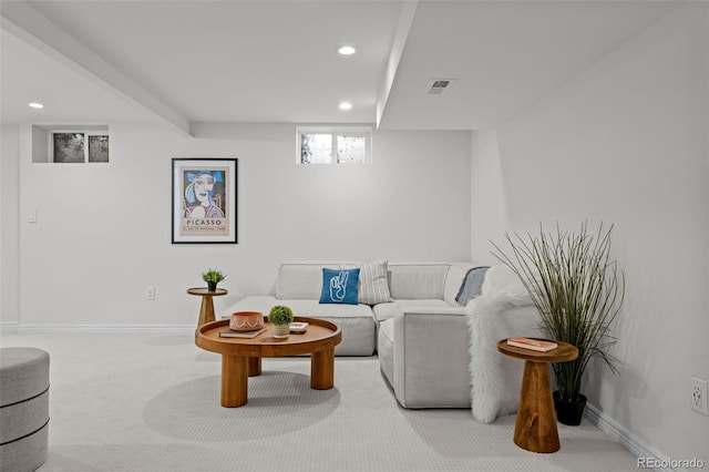 living room with light colored carpet