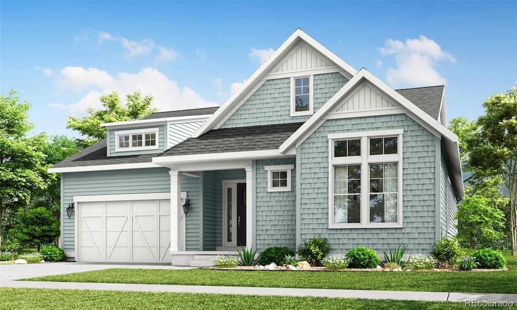 1850 Hickory Ave, Erie, CO 80516 - view of front of home with concrete driveway, a garage, board and batten siding, and a shingled roof