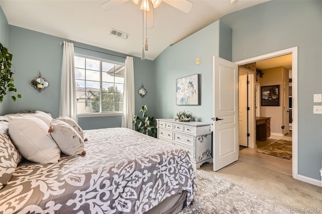 10467 W Hampden Ave Unit 204, Lakewood, CO 80227 - bedroom with light colored carpet, vaulted ceiling, and a ceiling fan