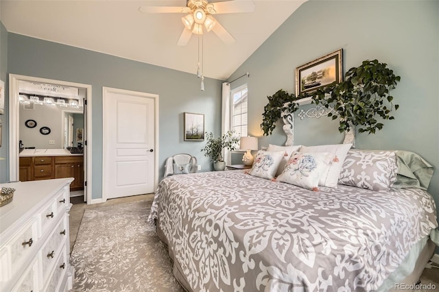 10467 W Hampden Ave Unit 204, Lakewood, CO 80227 - bedroom with vaulted ceiling, ensuite bathroom, and a ceiling fan