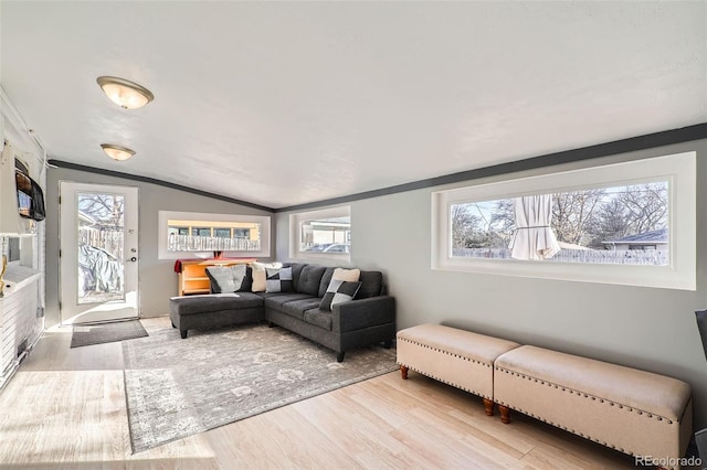 living room with light hardwood / wood-style floors and vaulted ceiling