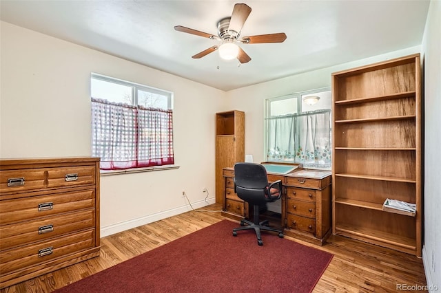 office with light hardwood / wood-style floors and ceiling fan