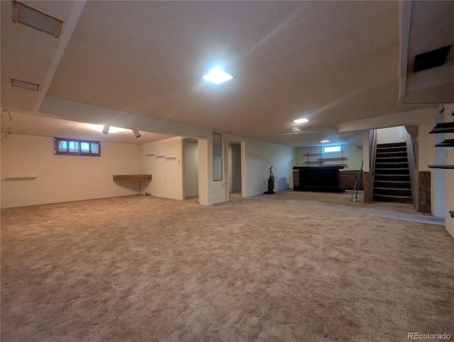 1009 Bush St, Brighton, CO 80601 - basement with stairway and carpet flooring