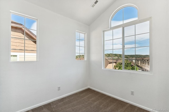 spare room with carpet flooring, vaulted ceiling, and a healthy amount of sunlight