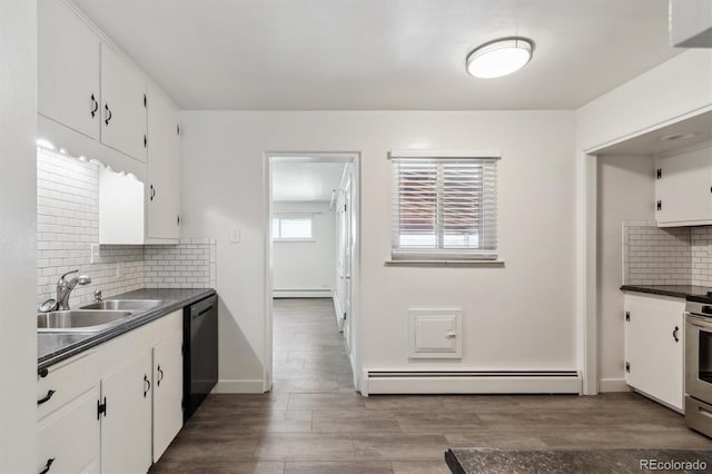 236 S Clarkson St, Denver, CO 80209 - kitchen featuring a baseboard heating unit, a sink, dishwasher, white cabinetry, and backsplash