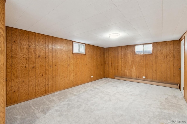 236 S Clarkson St, Denver, CO 80209 - below grade area featuring plenty of natural light, carpet floors, a baseboard radiator, and wooden walls