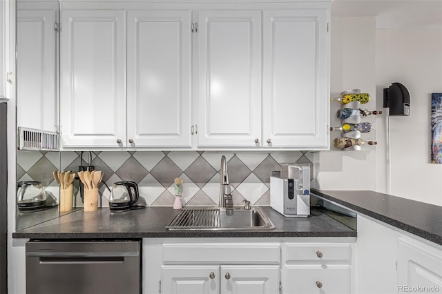 800 N Washington St Unit 804, Denver, CO 80203 - kitchen featuring stainless steel dishwasher, a sink, backsplash, and dark countertops