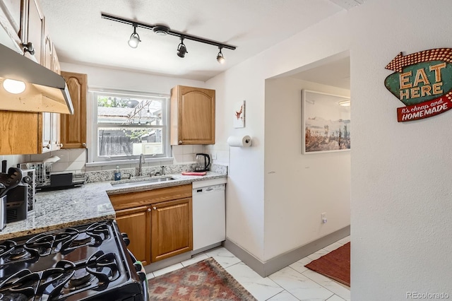 1271 Uinta St, Denver, CO 80220 - kitchen featuring white dishwasher, a sink, black gas stove, rail lighting, and light marble finish floors