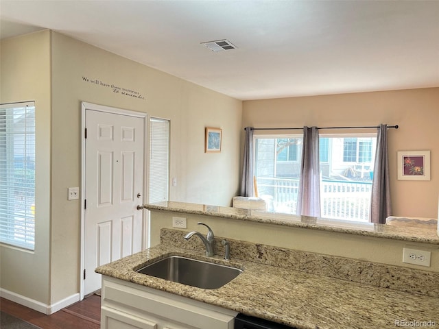 kitchen featuring baseboards, visible vents, light stone counters, dark wood-style flooring, and a sink