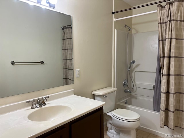 full bath with toilet, tile patterned floors, shower / bath combo, and vanity