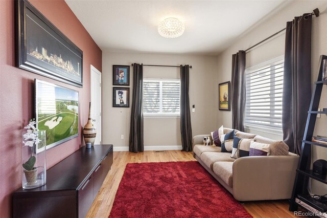 living area featuring baseboards, light wood-type flooring, and a healthy amount of sunlight