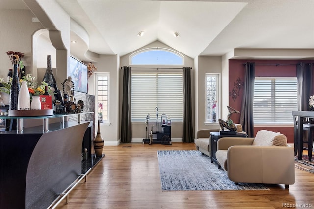 living area featuring vaulted ceiling, baseboards, and wood finished floors