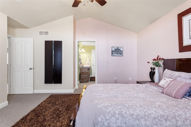 bedroom with baseboards, visible vents, a ceiling fan, lofted ceiling, and carpet flooring