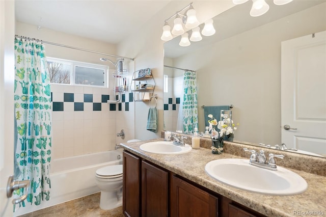 bathroom featuring toilet, shower / bath combination with curtain, double vanity, and a sink