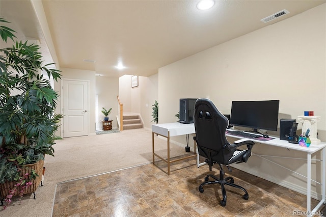 home office featuring carpet and visible vents