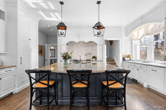 kitchen featuring crown molding, dark hardwood / wood-style flooring, an island with sink, light stone countertops, and white cabinets