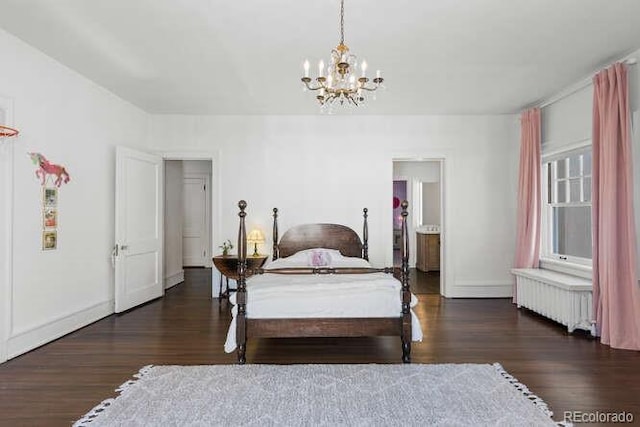 bedroom featuring an inviting chandelier, radiator, and dark wood-type flooring