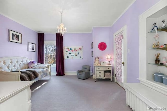 carpeted bedroom featuring ornamental molding and a notable chandelier