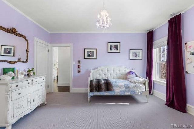 bedroom with an inviting chandelier, crown molding, and light carpet