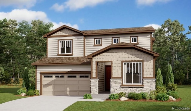 view of front facade featuring a garage and a front lawn