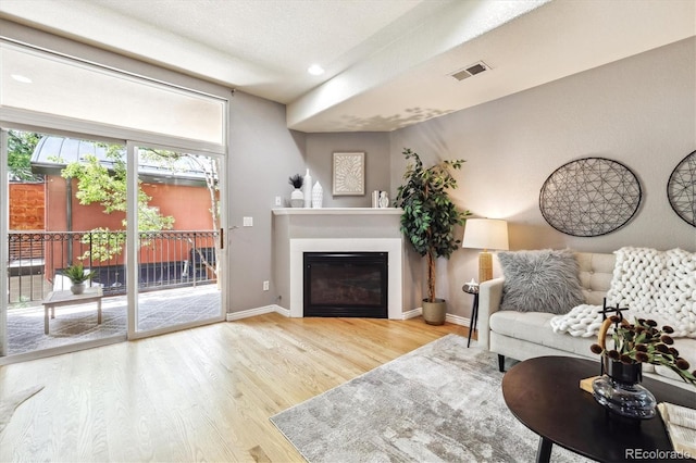 3030 Wyandot St Unit 4, Denver, CO 80211 - living room with wood finished floors, a glass covered fireplace, baseboards, and recessed lighting