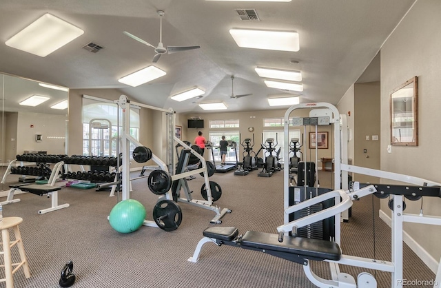 7440 S Blackhawk St Unit 9-108, Englewood, CO 80112 - exercise room featuring a ceiling fan, lofted ceiling, baseboards, and carpet floors