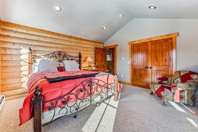 carpeted bedroom with log walls, baseboards, vaulted ceiling, and recessed lighting