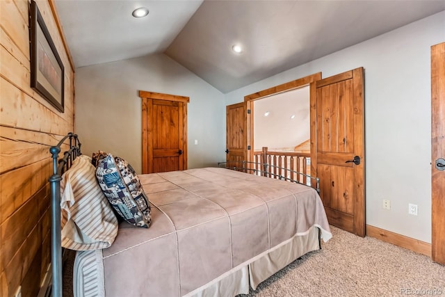 carpeted bedroom featuring recessed lighting, baseboards, and lofted ceiling