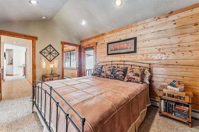 carpeted bedroom with baseboard heating, vaulted ceiling, recessed lighting, wood walls, and a baseboard radiator