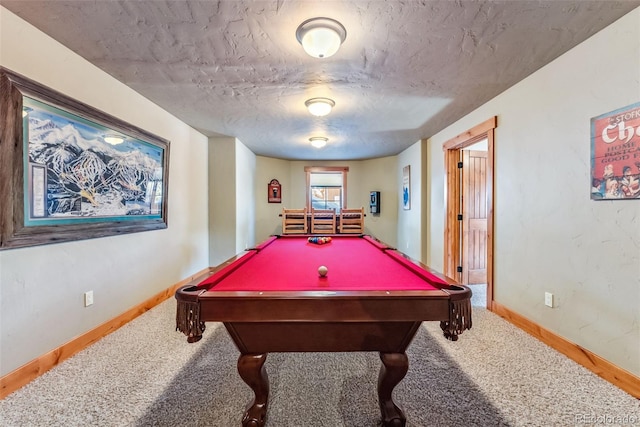 rec room featuring pool table, baseboards, a textured ceiling, and carpet floors