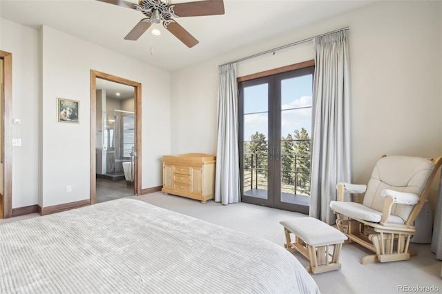 784 Grand Horizon Vw, Manitou Springs, CO 80829 - carpeted bedroom featuring french doors, access to exterior, baseboards, connected bathroom, and a ceiling fan