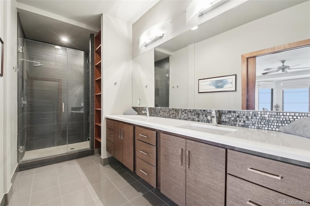 784 Grand Horizon Vw, Manitou Springs, CO 80829 - full bathroom with double vanity, a shower stall, tile patterned floors, ceiling fan, and decorative backsplash
