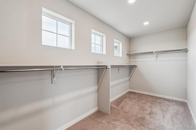 spacious closet featuring light colored carpet