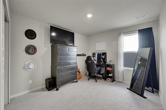 home office with light carpet