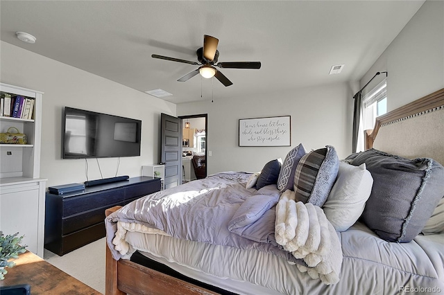 carpeted bedroom featuring ceiling fan