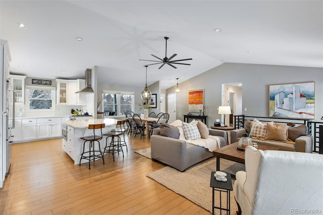 living area featuring light wood finished floors, plenty of natural light, and vaulted ceiling