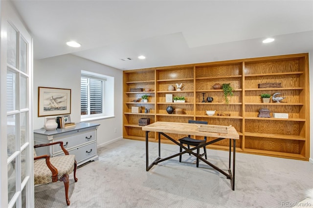 home office with recessed lighting, light colored carpet, visible vents, and baseboards